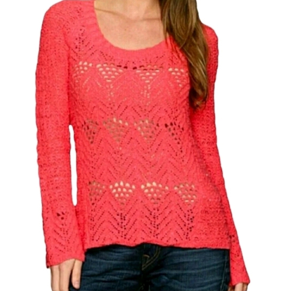 Lucky Brand Sweater Pullover Crochet Long Sleeve 100% Cotton Coral Size M